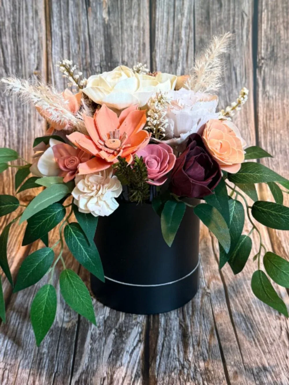 Cream Peach Sola Wood Floral Arrangement in a gift box home decor birthday gift